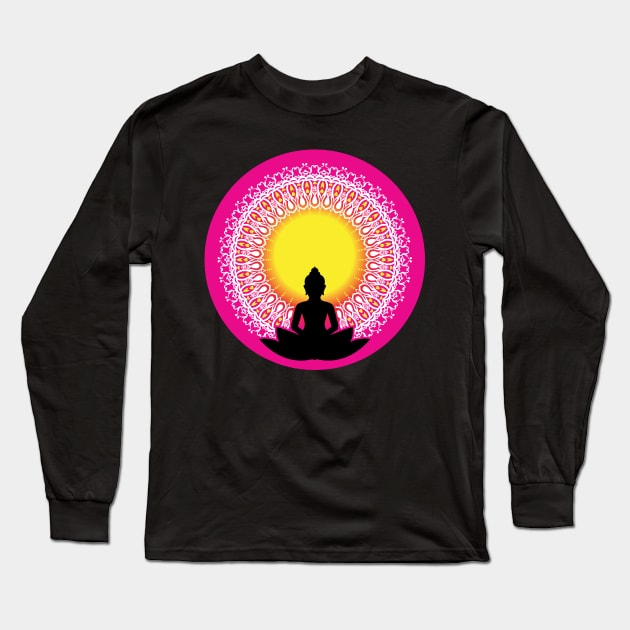 Peaceful Meditating Buddha Silhouette - The Enlightened Soul Mandala Print Design GC-092-15 Long Sleeve T-Shirt by GraphicCharms